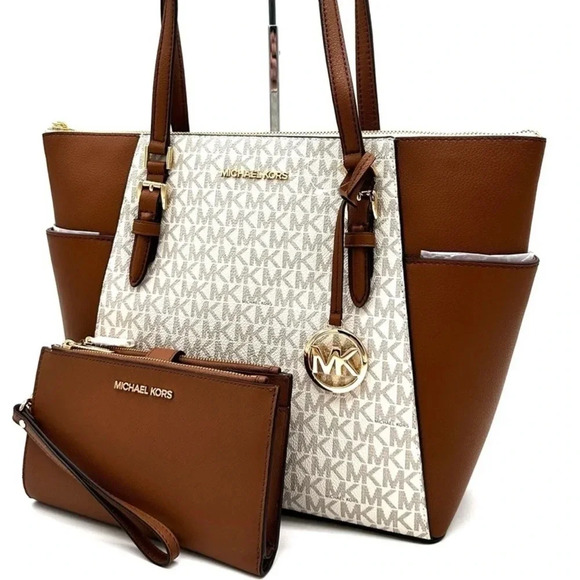 Michael Kors Large Charlotte Tote Bag & Large Double Zip Wallet Vanilla/Brown - Picture 1 of 14